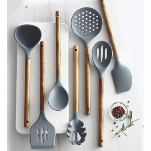 Silicone Cooking Utensils Heat Resistant Wooden Handle Non-Stick Spatula Spoon Kitchen Cooking Tools Gadget Kitchenware LC