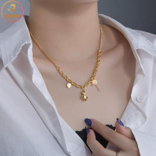 Akizoom Gold Color Thick Chain Necklace High Quality Stainless Steel Choker Smiley Pendant for Women Charm Jewelry Party Gift