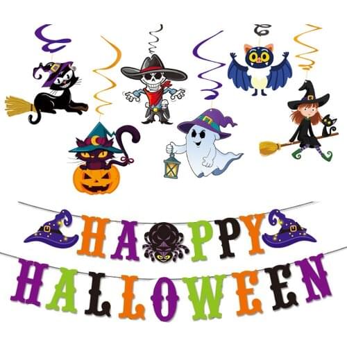 Happy Halloween Party Decorations Home Wall/Door Hanging Swirl Banner Garland Props Pull Flags for Halloween Party Supplies