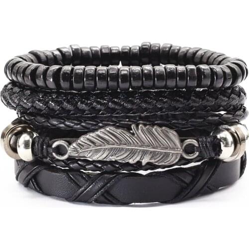 Vintage Black Brown Leather Men Bracelets Women Alloy Bronze Feather Tree Hooks Owl Charm Wood Beads Femme Homme Gift Jewelry