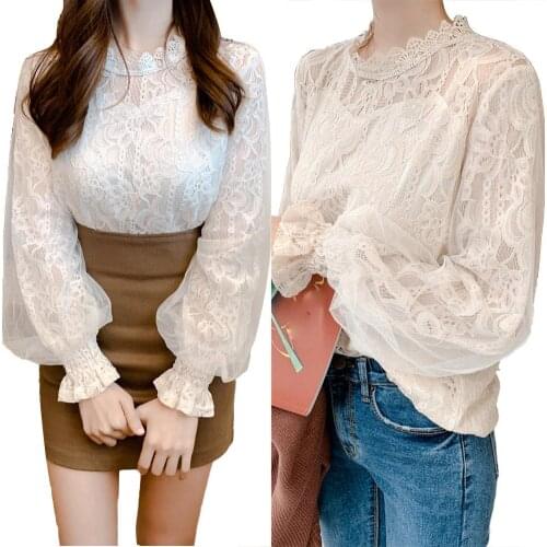Casual Women Floral Lace Brim Hollow Out Puff Sleeve Mock Neck Top Blouse Shirt Women Hot Sale Button Basic Blouses Printed tops