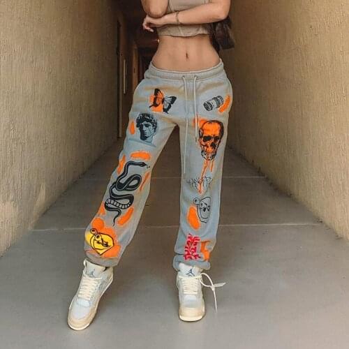 Cartoon Printed Womens Cargo Trousers Drawstring Streetwear Harajuku Casual Sweatpants Women Hippie Baggy Pants Vamos Todos