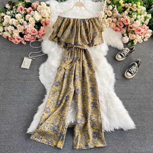 2021 Summer Women Jumpsuits Printed Flower Off-shoulder Ruffles Hem Lace Up Rompers Jumpsuits Ladies Loose Leg Pants Overalls