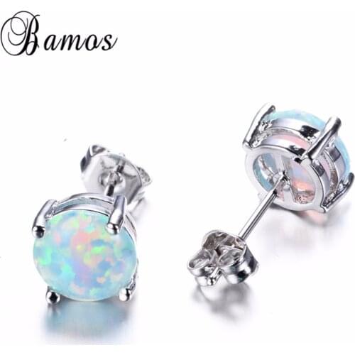 Bamos Female 6MM Small Round Earrings Pink/White/Purple/Blue Opal Stud Earrings Jewelry Fashion Wedding Earrings For Women