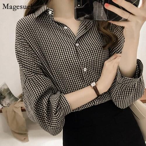 Korean Style Puff Sleeve Women Shirts Blouses 2021 New Spring Plaid Shirt Tops Female Plus Size Blouse Women Clothes Blusas 8809