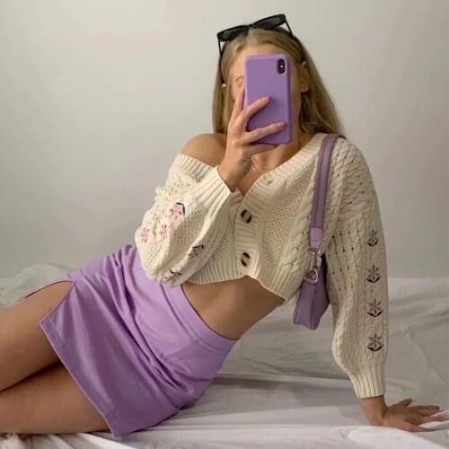 Foridol Lantern Sleeve Floral Embriodery Cropped Cardigans Women Spring Autumn Button Vintage Short V Neck Sweater Cardigans