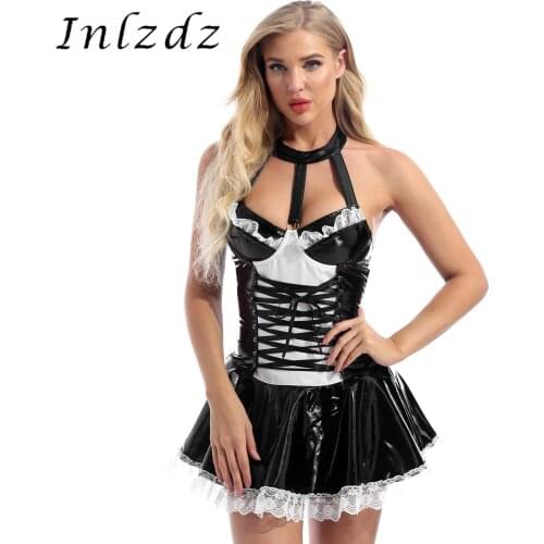 Women Maid Outfit Cosplay Lingerie Halter Neck Lace-up Front Patent Leather Temptation Dress Lace Trim Backless Flared Dresses