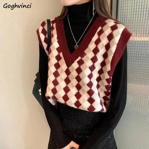Women Sweater Vest V-neck Argyle Loose Vintage Classic All-match Preppy Style College Student Elegant OL Fashion Females Spring