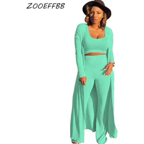 ZOOEFFBB Sexy Knitted 3 Piece Set Women Outfits Long Cardigan and Crop Top and Pant Plus Size Clother Sweat Suit Matching Sets