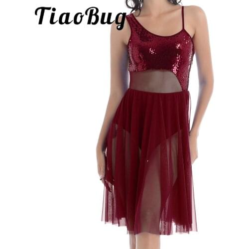 Women Ballet Skirted Leotard Dress Shiny Sequin Fashion Split Dress Lyrical Ballet Dance Dresses Costume Contemporary Dancewear