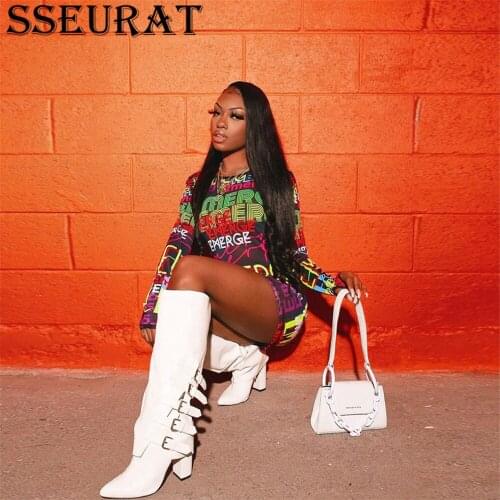 SSEURAT Women Mini Dress Print Mesh See-through Full Sleeve O-neck Bodycon Dresses Sexy Fashion Vestidos Summer