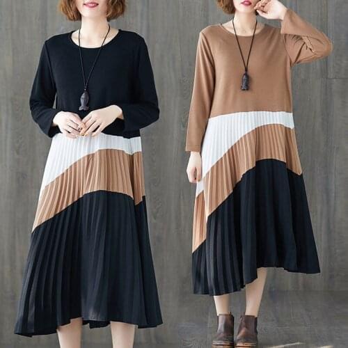 Spring Dress Women Harajuk New Hit Color Pleated Runway Dresses Plus Size Casual Baggy Ladies Long Sleeve Vestidos Knitted f2895