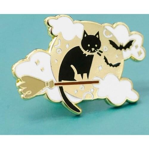 Witch Black Cat Hard Enamel Pins Cute Cartoon Flying At Night Bat Jacket Jeans Badge Brooch Fashion Accessories