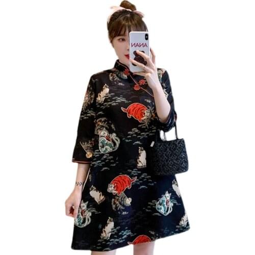 2021 New Plus Size M-4XL Casual Party Loose Fashion Modern Cheongsam Dress Women Short Sleeve Qipao Traditional Chinese Clothes