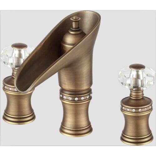 Free ship Widespread Basin Lav sink Faucet Waterfall Antique BRONZE Mixer Tap crystal handles