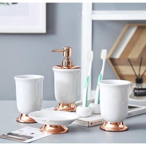 Nordic Luxury Home Ceramic Wash Set Bathroom Press Bottle Soap Dish Mouth Cup Toothbrush Holder Home Hotel Bathroom Accessories
