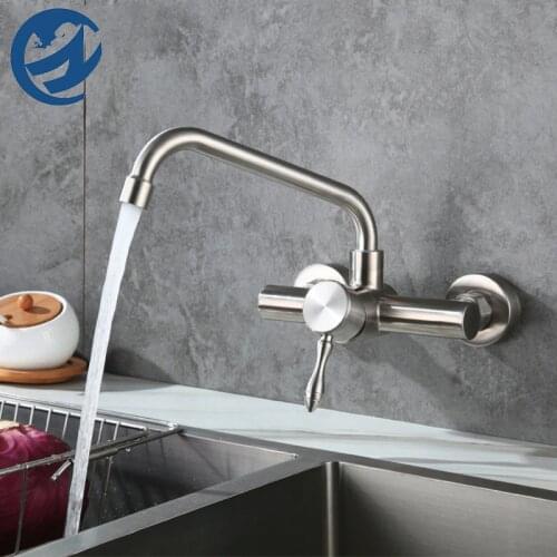 304 Stainless Steel Kitchen Wall-mounted Sink Faucet Double Hole Rotatable Hot and Cold Dish Sink Dish Sink Tap Basin Faucet