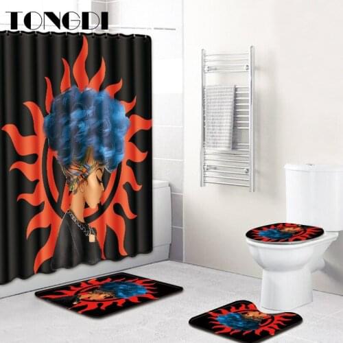 TONGDI 4 PCS Shower Curtain Bathroom Carpet Toilet Suit Set Eco-friend Fashion Afro GIrl Print Mat Rug Decor For Washroom Home