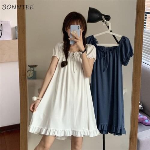 Nightgowns Sleepshirts Women Summer Students Korean Style New All-match Causal Solid Knee-length Daily Ruffles Homewear Fashion