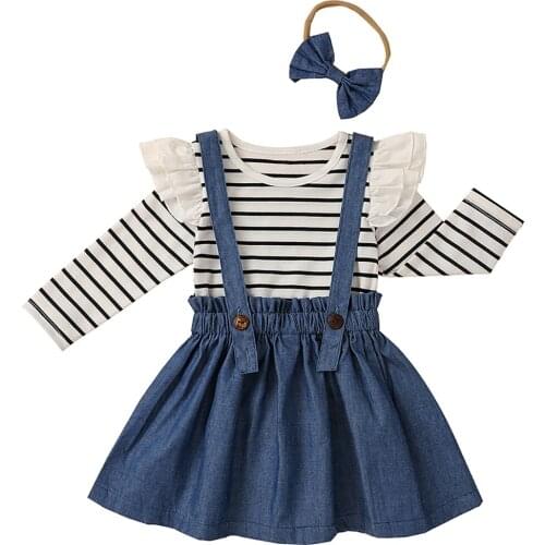 New Toddler Kid Girls 3 Pcs Casual Outfits, Feifei Long Sleeve Stripe Top + Suspender Denim Skirt + Bow Headband Set