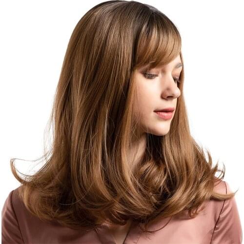 Brown Color Long Straight Curly Wig Heat Resistant Synthetic Wig High Density Full Wigs for Women