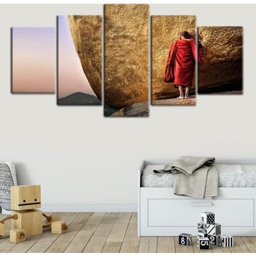 High Definition Printed 5 Pieces Buddha Stood On Lucky Stone To Pray For Good Fortune Poster Canvas Art Draw Hall Bedroom Decora