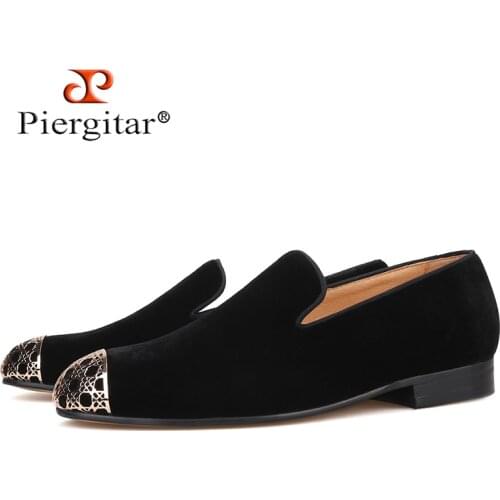 Piergitar 2019 New Gold Metal Toe Men velvet shoes Handmade smoking slippers mens casual shoes