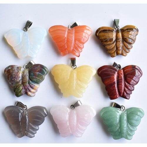 Fashion hot sell natural tiger eye stone red onyx pendulums carving butterfly charm pendants fit Necklace jewelry making 9pcs
