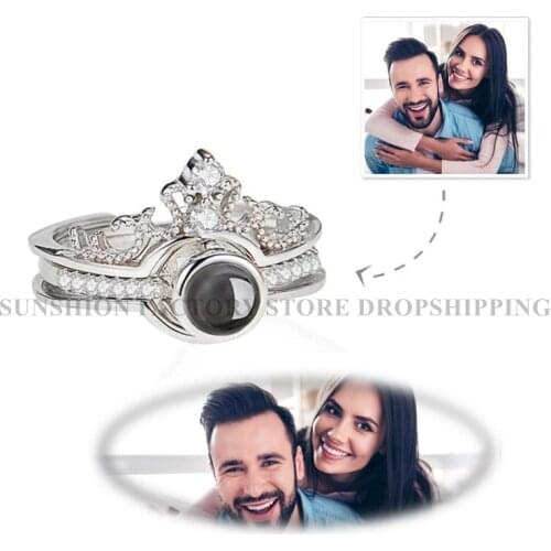 Custom Projection Photo Engraved Crown Ring, Fashion Sparkly Decor Beautiful Adjustable Ring Gift for Lover Pets Family etc