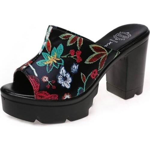 New Women PU Leather Sandals 10CM Thick Heel Sandals Woman Platform Wedges Summer Shoes Clubwear Embroidery Slippers