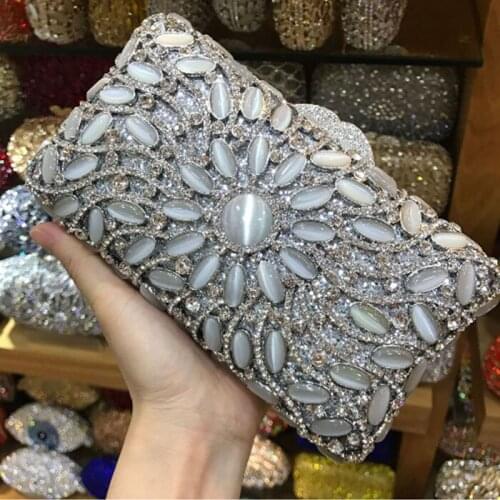 Silver Clear jade Crystal Rhinestones Evening dress Clutch Wedding Bag Women Metal Minaudiere Handbag Purse Bridal Purse gold