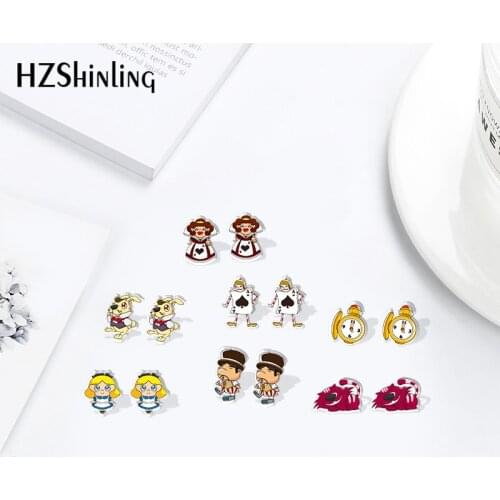 Alice in wonderland Cartoon Clock Cats Heat Stud Earrings Acrylic Resin Epoxy Stud Earrings Jewelry for Girls
