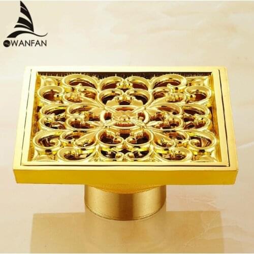 Drains 10x10cm Square Gold Brass Bath Shower Drain Strainer Floor Cover Balcony Deodorant Grate Waste Bathroom Drains DL6616