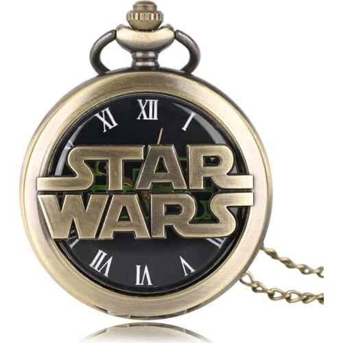 Vintage Retro Hollow Star Wars Theme Quartz Pocket Watch Roman Number Best Gift for Men Women Children Necklace with Chain 2020