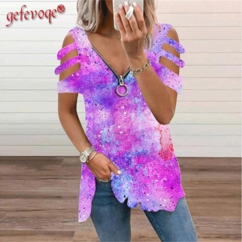 Women Sexy Hollow out V-neck Clothes Lady Fashion Casual Top Pullover Short Sleeve Loose Tshirt Zipper Plus Size TeeShirt Femme