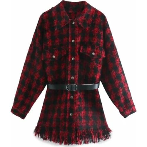 Vintage Chic Red Plaid Tassel Tweed Jacket with Belt Women Fashion Turn-down Collar Pockets Buttons Coat Casaco Femme