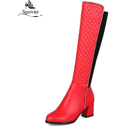 Sgesvier High Quality Motorcycle Boots Women Winter Round Toe Slip On Knee High Boots Thick Heels Chaussures Femme Elastic boots