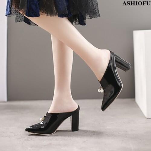 ASHIOFU Ladies Chunky Heel Pumps Beading Jewelry Wedding Party Prom Dress Shoes Pointy Fashion Evening Court Shoes