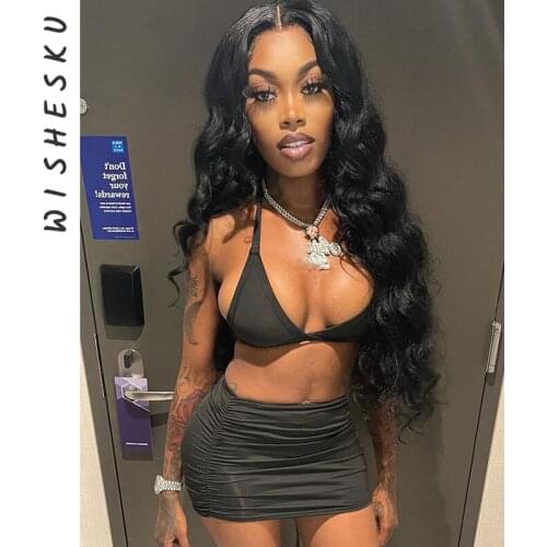 Two Piece Set Women Sexy Halter Lace Up Backless Crop Top Camis + Ruched Wrap Hip Mini Skirts 2021 Summer Party Club Outfits