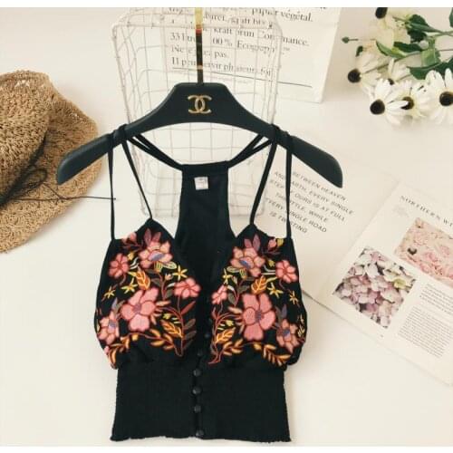 Bohemian national style women tank camis embroidery flowers v-neck open-back corset high waist short sling crop top women