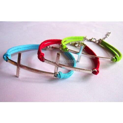 20pcs/lot(Mixing of 11 colors)Ancient bronze and silver cross silver bracelet Leather Bracelet wholesale