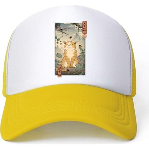 90S Japanese Anime Cat Casual Plain Mesh Baseball Cap Adjustable Snapback Hats for Women Men Hip Hop Advertising Cap