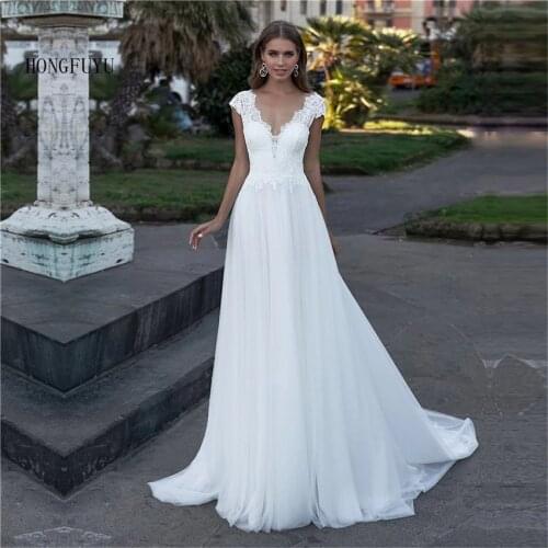 White Wedding Dress Lace Appliques V-neck Tulle Lace Up Bespoke Bridal Dress Robe De Mariee Plus Size Vestido De Novia