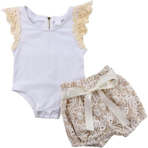 Newborn Baby Girls Cute Round Neck Sleeveless Bodysuit + Lace Flower Bow Shorts 2PCS Princess Outfits Set