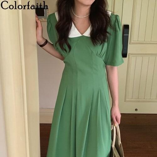 Colorfaith New 2021 Women Summer Dresses High Waist Lace Up Minimalist Korean Style Elegant Vintage Pure Lady Long Dress DR62689