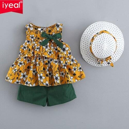 IYEAL Toddler Baby Kids Girls Floral Strap Tops Shorts Outfits Hat Casual Set Summer Baby Girls Clothing Set Children Clothes