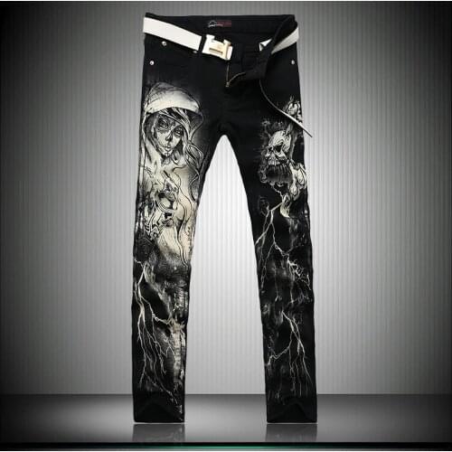 Designer Brand Mens Fashion Skull Printed Biker Jeans Men Slim Fit Colored Drawing Print Denim Overalls Men Black Long Trousers