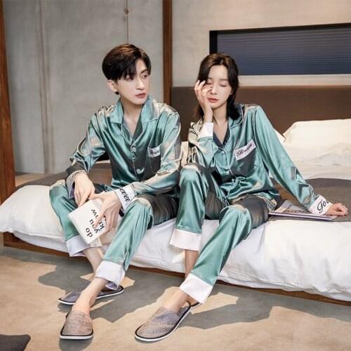 Women Men 2Pcs Loungewear Couple Satin Blue Pajamas Set Long Sleeve Long Pant Sleepwear Pijama Pyjamas Suit