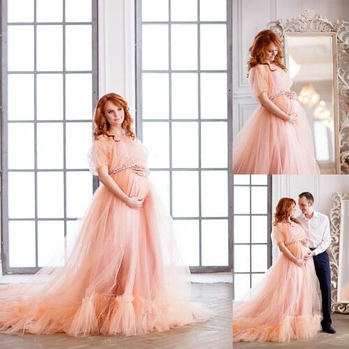 Elegant Pink Sleepwear Evening Dresses Off Shoulder Tulle Sweep Train Maternity Dress Plus Size Pregant Photograph Gowns vestido