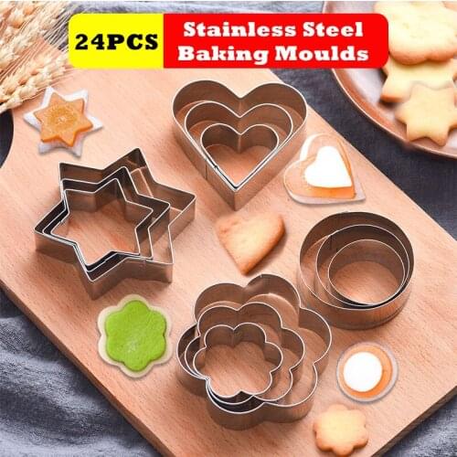 24pcs/set Baking Moulds Stainless Steel Cookie Cutters Plunger Biscuit DIY Mold Star Heart Cutter Baking Mould Stencils Pastry
